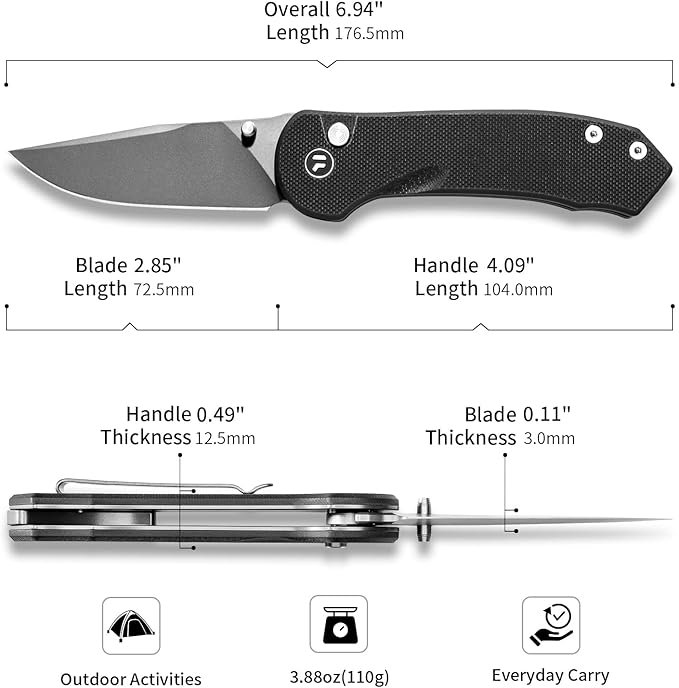 Button Lock Pocket Knife with 2.85 inch VG10 Steel Blade G10 Handle, Folding Knife for EDC,Black