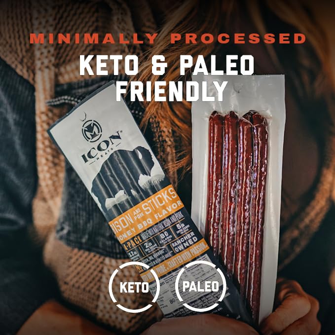 ICON Meats Bison and Pork Snack Sticks - Honey BBQ Flavor - 6 Packs Per Box, 4 Sticks Per Pack, All Natural Jerky Meat Sticks, USDA Approved, Diet Friendly, High Protein, Low Calorie, Low Sugar