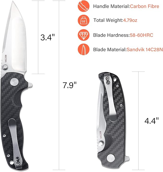 Men's Folding Pocket Knife – 3.4" Sandvik 14C28N Blade Carbon Fiber Handle Ceramic Bearings Liner Lock Deep Pocket Clip – EDC Knife for Outdoor Hiking Survival Use