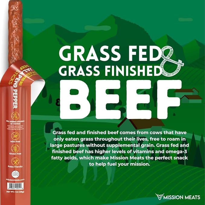 Mission Meats Beef Sticks – 100% Grass Fed & Pasture Raised, Sugar Free, Individually Wrapped Healthy Snacks, Whole 30 & Paleo Friendly, Jalapeno 1oz (Pack of 12)