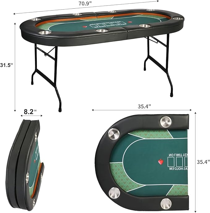 Upgraded 8- Player Foldable Poker Table for Blackjack Card Game, Portable Casino Table for Game Room with Stainless Steel Cup Holder, Padded Rails, Green Felt Surface
