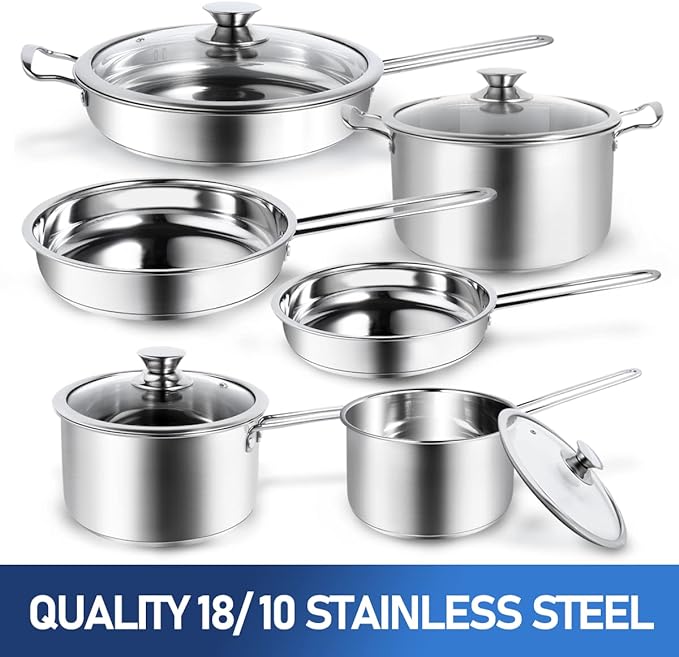 Aufranc 10-Piece Pots and Pans Set, Stainless Steel Cookware Set- Includes Ergonomic Handle Saucepans, Skillets, Dutch Oven, Stockpot, Steamer & More - Premium Pots and Pans for Home Chefs
