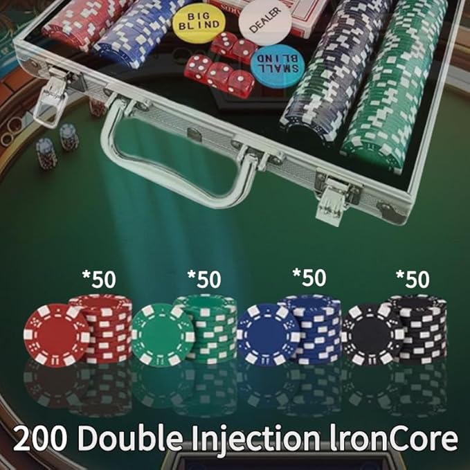 Non-Denominated Poker Chips, 200 11.5 Gram Counterweight Digital Casino Chip Set, 5 Dice, 2 Decks of Playing Cards, Comes in Compact Aluminum Case, for Texas Hold'em and Blackjack, Ages 8 and Up