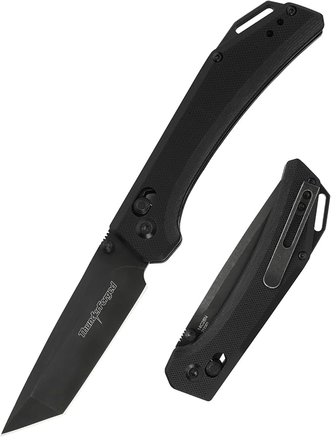ThundeForged Camping Folding Knife - EDC Folding Knife with Crossbar Lock,14C28N Steel Blade, Black G10 Handle Lightweight Tactical Pocket Knife for Camping Outdoor Survival Hiking