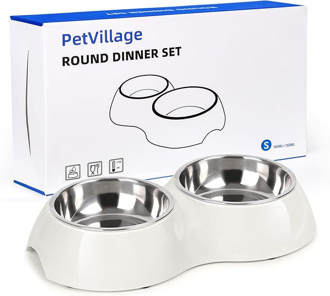 Stainless Steel Dog Bowls Set – Dual Non-Slip Pet Dishes with 2 Small (4oz*2) Bowls & Durable Resin Stand,Food & Water Feeder for Puppies and Kittens– White
