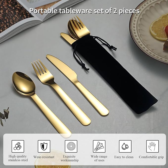 Evanda Portable Silverware Set Set of 2 Packs, Include Knife Fork Spoon, Gold Titanium Plating Cutlery Set With Black Bag, For Home Kitchen Camping Travel, Dishwasher Safe