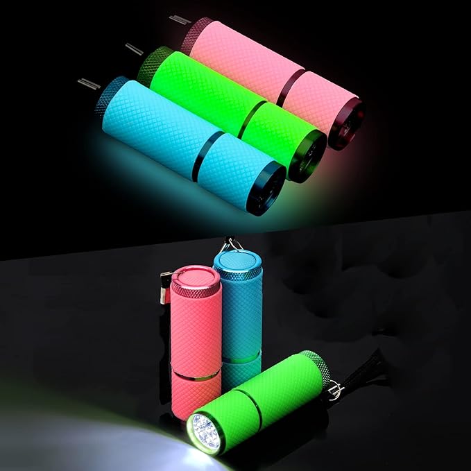 AHIER 9 LED Glow in Dark Flashlights, 3 Pack Rubber Coated Flashlights with Straps, Portable Handy Lights for Camping, Hiking, Indoor, Assorted Colors (Green+Blue+Pink)