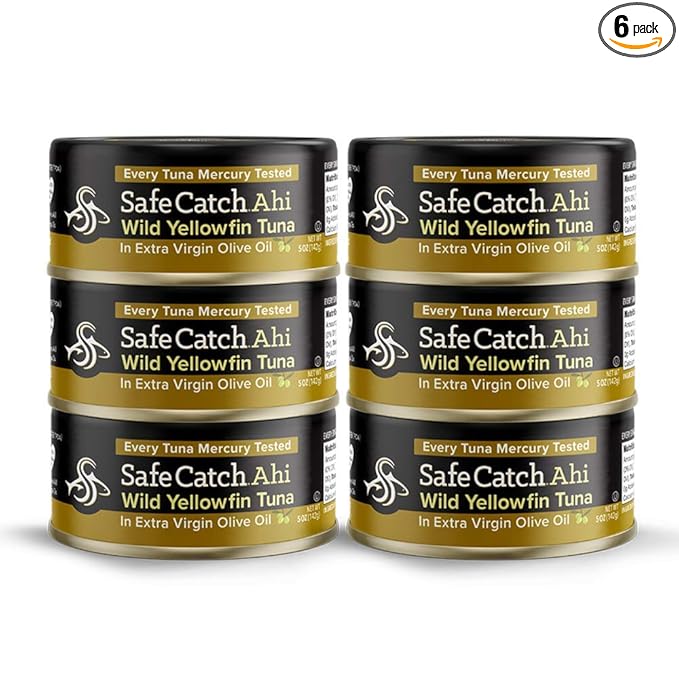 Safe Catch Wild Ahi Yellowfin Tuna Fish Canned, Wild Caught, Lowest Mercury, Lean Protein, Omega 3, Gluten-Free, Kosher, in Extra Virgin Olive Oil, Pack of 6