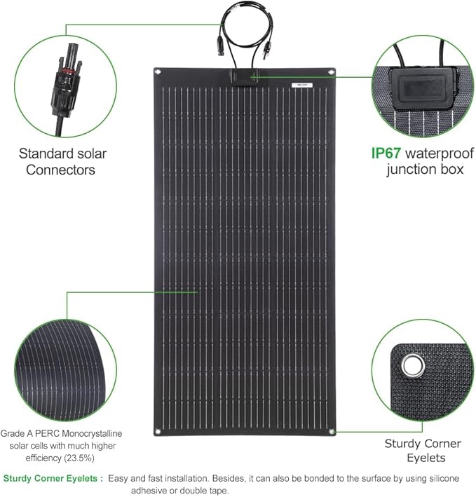 Lensunsolar 100W 12V ETFE Black Flexible Solar Panel, 42.8x21.2in, PERC 9BB 23.5%+ Efficiency Mono Solar Cells, for Campers, RVs, Boats,Camping, Tent