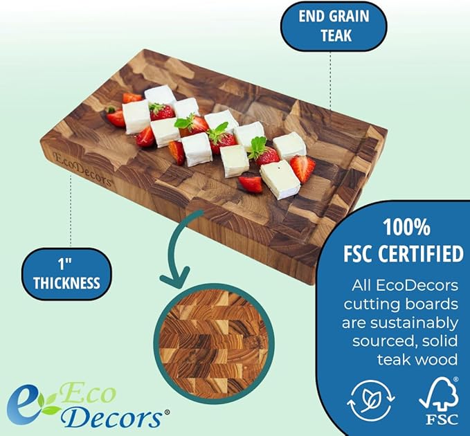 EcoDecors FSC Certified, Solid Teak Cutting Board, 10x6, Compact Reversible End Grain Wood Board for Snacks, Cheese, Garnish & Small Kitchen Prep