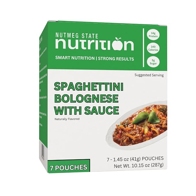 Nutmeg State Nutrition - High Protein Instant Meal, 15g Protein, 140 Calories, 1.5g Fat, 5g Fiber, 7 Servings Per Box (1 Box, Spaghettini Bolognese)
