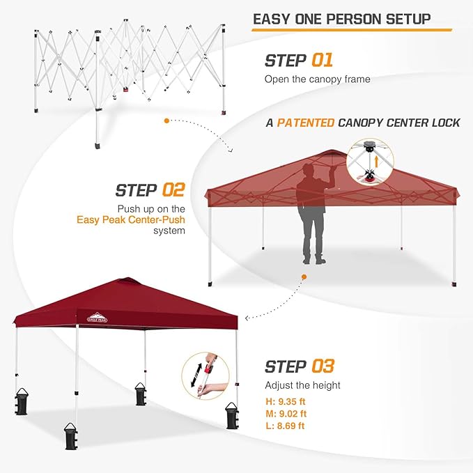 EAGLE PEAK Pop Up Canopy Tent with Wheeled Carry Bag, 8 Stakes, 4 Ropes, 4 Weight Bags, Easy Set Up Tent Canopy, 10x10 ft, 100sqft of Shade, Burgundy