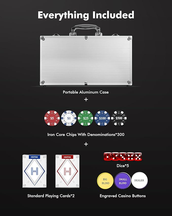 Poker Set with Denominations, 300-pcs 11.5g Weighted Numbered Chips, 5 Dice, 2 Decks with Compact Aluminum Case for Texas Hold'em, Blackjack, Age 8 and Plus