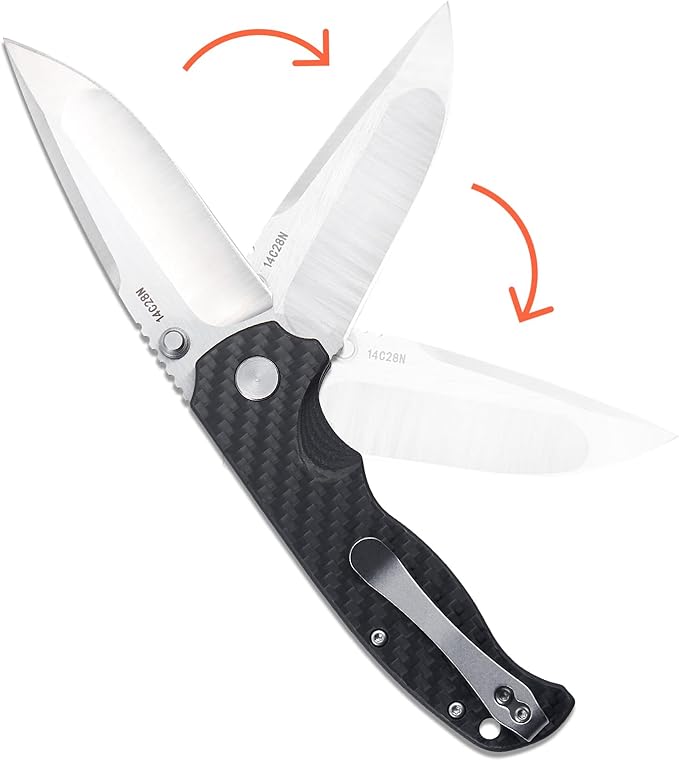 Men's Folding Pocket Knife – 3.4" Sandvik 14C28N Blade Carbon Fiber Handle Ceramic Bearings Liner Lock Deep Pocket Clip – EDC Knife for Outdoor Hiking Survival Use