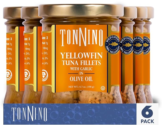 Tonnino Yellowfin in Olive Oil with Garlic 6.7 oz - 6-Pack: Omega-3, High Protein, Gluten-Free, Ready-to-Eat Packets for Salads, Fish Alternative to Salmon, Rich Flavor