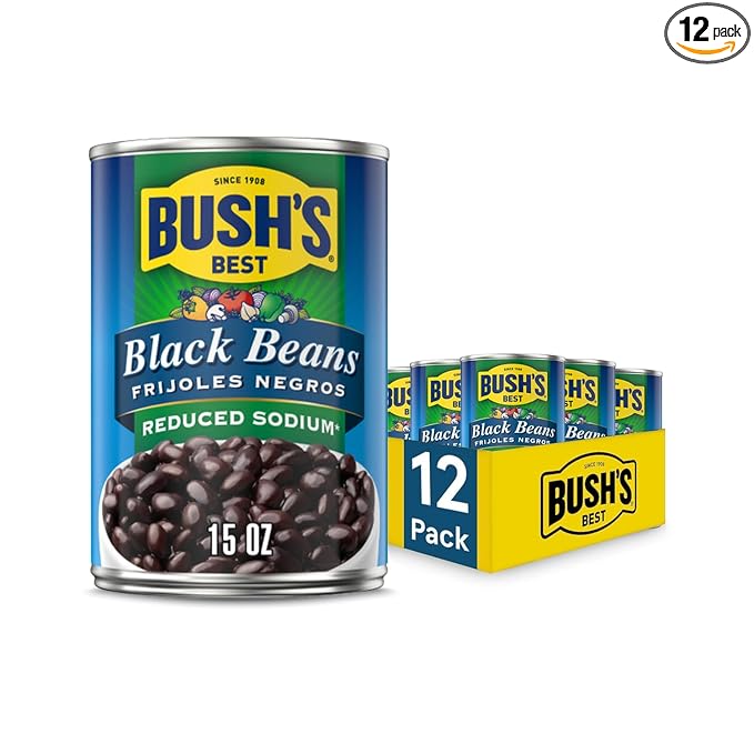 BUSH'S BEST 15 oz Canned Reduced Sodium Black Beans, Source of Plant Based Protein and Fiber, Low Fat, Gluten Free, (Pack of 12)