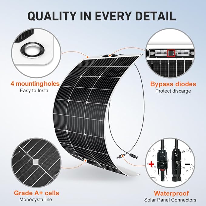 DOKIO 600W (6×100W) Flexible Solar Panels 18V 9BB Monocrystalline for 12V Battery Charging, Semi-Flexible ETFE with MC4, Series or Parallel Expansion for RV Boat Van Camper Trailer Off-Grid Power