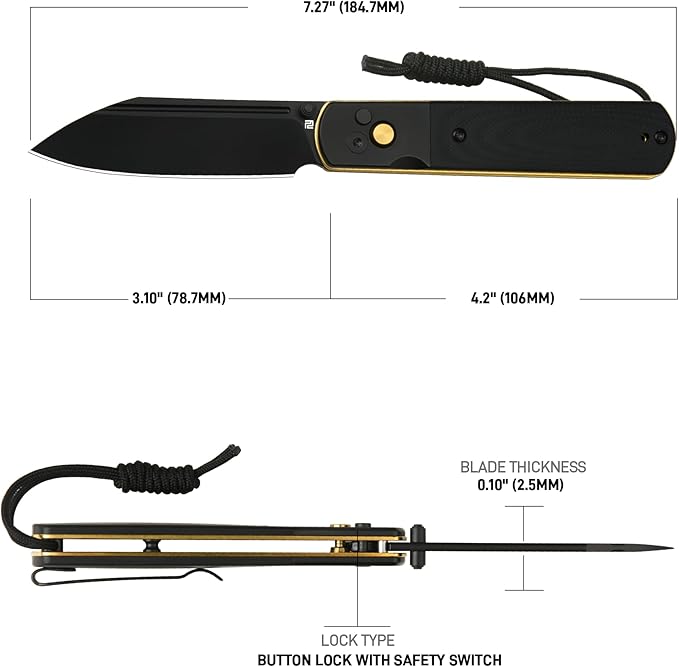 ARTISANCUTLERY Holm Pocket Knife, EDC Knife with 3.10'' AR-RPM9 Steel, Handle with Black PVD Steel and G10 Inlay, Button Lock with Safety Switch Knife for Camping Survival Outdoor, 1875P Black PVD