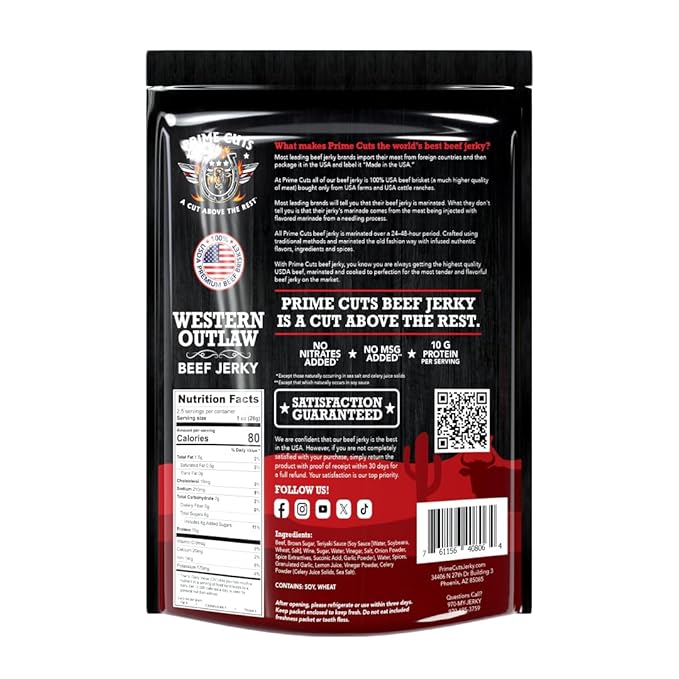 Prime Cuts Western Outlaw Beef Jerky | USDA Prime Brisket | Smoky Cowboy-Style Flavor | High-Protein, Low-Fat Snack | Crafted for Adventure | Authentic Taste of the American Frontier