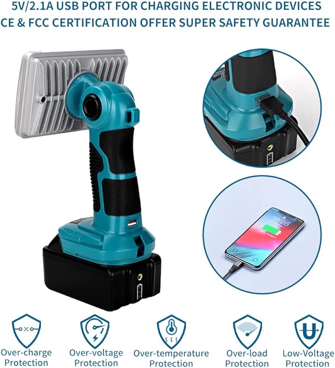 Work Light for Makita 18v Battery, 18w Flashlight, 2000LM Portable Flood Light with USB-A Port for Jobsite, Camping, Car Repairing, Garage, Power Outages