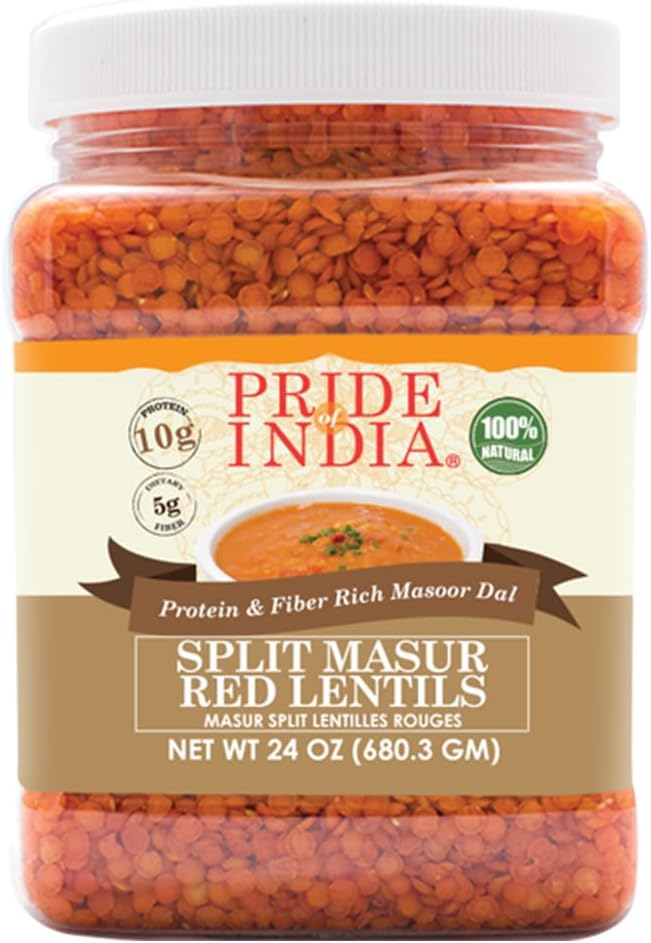 Pride Of India - Indian Split Masur Red Lentils - Protein & Fiber Rich Masoor Dal, 1.5 Pound Jar