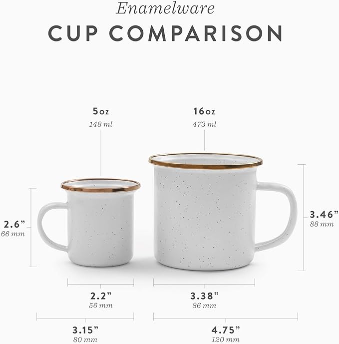 Barebones Enamel Cup Set- Enamel Coffee Mugs Set of 2 16-oz - Stainless Steel Rim Camping Mug for Indoor and Outdoor Use (Charcoal)