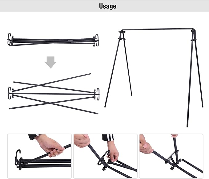 REDCAMP Swing Campfire Grill Stand - Collapsible Campfire Cooking Rack with 6 Hooks & Stainless Steel Grill Grate, Portable Dutch Oven Hanger for Outdoor Camping, Cookware, Bonfire, Rectangle ﻿