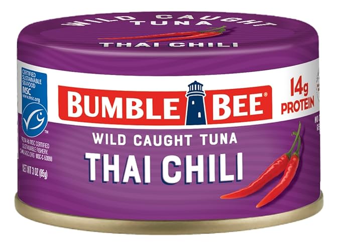 Bumble Bee Snackers - Thai Chili Tuna, 3 oz Easy Open Can - 14g Protein per Serving - Wild Caught Skipjack Chunk Light Tuna Pack - No Draining, Ready to Eat