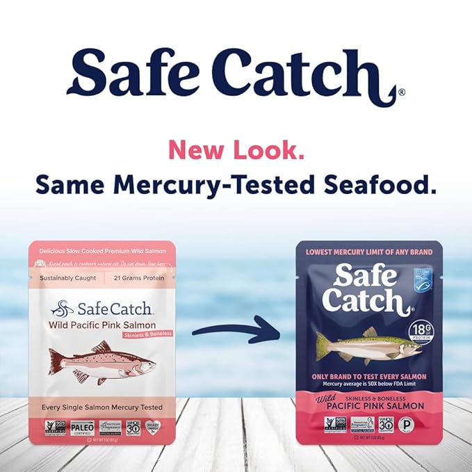 Safe Catch Wild Pacific Pink Salmon Skinless Boneless Wild-Caught Salmon Fish Pouch, Mercury Tested, Kosher, 12-Pack Salmon Pouches 3oz Packets