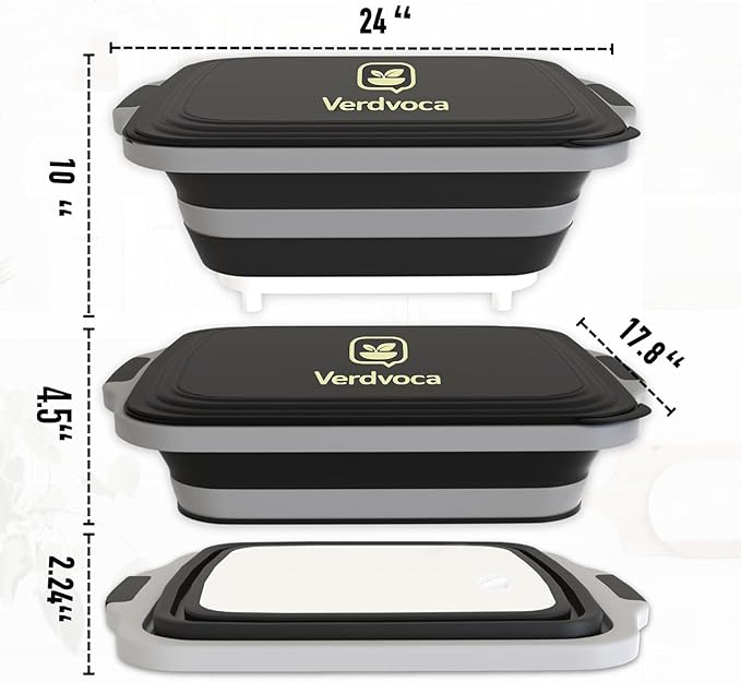 Collapsible BBQ Prep Tubs with Lids, Grill Cutting Board, Camping Sink with Drainage Hole for Meal Prep, Fruit Wash and Food Storage, Marinating Container, 30L Black Tub 24"