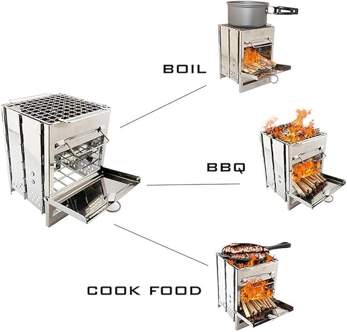 Camping Wood Burning Stove with Grill, Collapsible Backpacking Survival Rocket Stove Stainless Steel Campfire Stove for Outdoor Cooking Picnic Hiking BBQ (Sliver-Small)