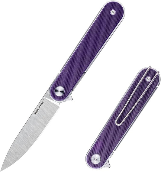 REALSTEEL IRIS Pocket Knife, Folding Knife, Flipper, Liner Lock, 2.99" 12C27 Steel Blade, Lightweight G10 Handle, 1.74oz, Deep-carry Pocket Clip, EDC Outdoor Indoor, Gifts for Men Women Camping Hiking Climbing Fishing (Purple G10)