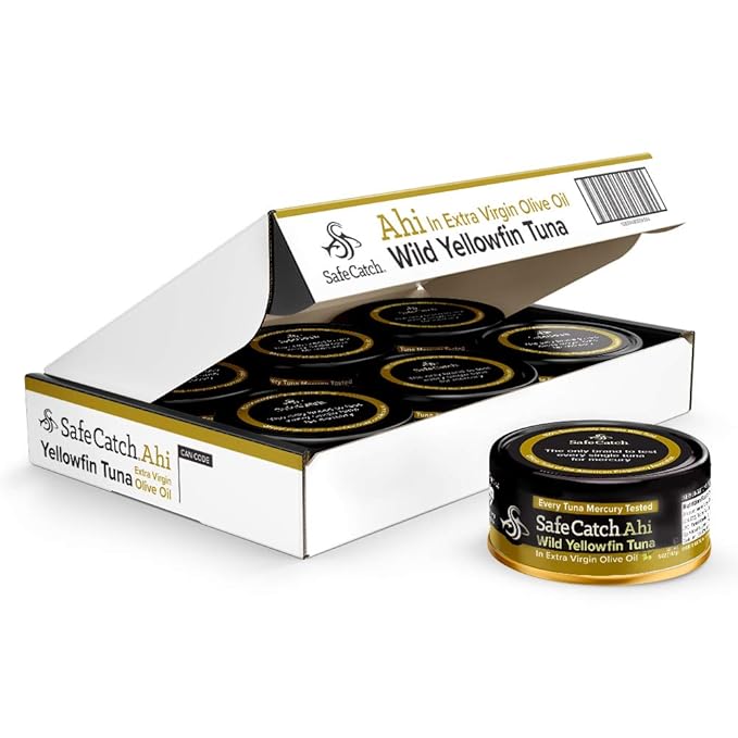 Safe Catch Wild Ahi Yellowfin Tuna Fish Canned, Wild Caught, Lowest Mercury, Lean Protein, Omega 3, Gluten-Free, Kosher, in Extra Virgin Olive Oil, Pack of 6