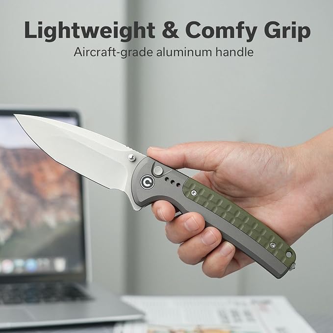 CIVIVI Folding Pocket Knife, Sentinel Strike II Utility Knife with Glass Breaker, 3.7" Nitro-V Blade Aluminum Handle, EDC Knife for Outdoor Survival Hunting Hiking Camping C22025D-2, Green