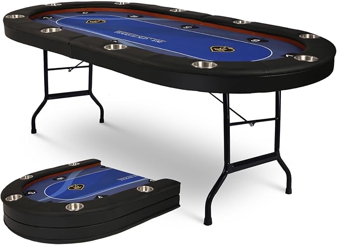 LUCKYERMORE Upgraded 10 Players Poker Table with Stainless Steel Cup Holder, 84”Folding Casino-Style Texas Game Poker Tables with Padded Rails, Blue Felt Surface, Fully Assemble