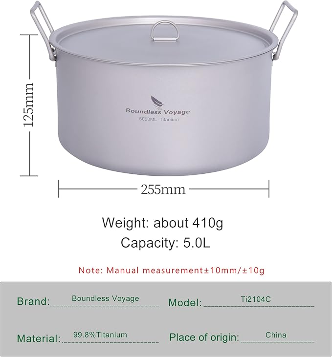 Boundless Voyage Outdoor Camping Titanium Pot 5.0L Stockpot with Lid Folding Handle Hiking Picnic Portable Big Capacity Soup Pot Home Kitchen