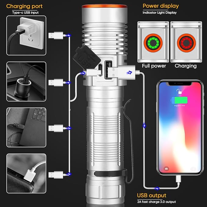 Rechargeable Flashlight High Lumens 2 Packs, 2000LM Magnetic Flashlights with Pocket Clip, 3 Modes, Adjust Focus, Super Bright LED Flash Light Waterproof for Emergencies Camping, 1500 Meters Long Beam