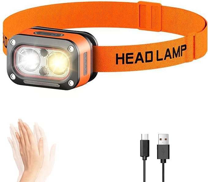Headlamp Rechargeable, Lightweight LED Head Lamp, Motion Sensor Head Flashlight, Super Bright Waterproof Head Light for Camping, Running, Hiking, Hunting, Fishing, Reading, Working
