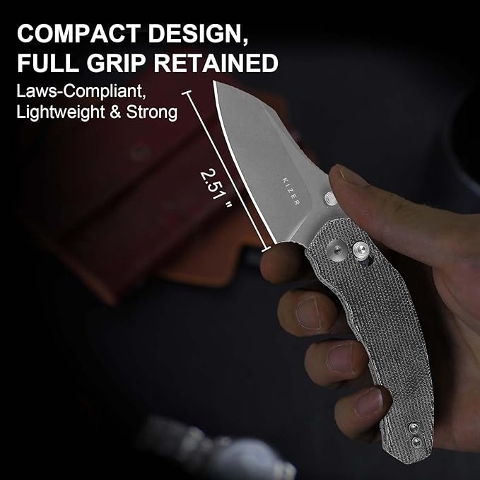 Kizer Mini Bulldog Pocket Knife, 2.5??Nitro V Sheepsfoot Blade Folding Knife, Micarta Handle Clutch Lock Small EDC Knife for Men Women Gift, Fishing Hiking Camping Hunting Knives V3672SA2