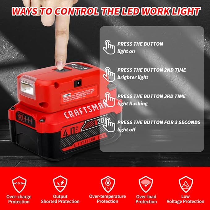 Battery Adapter Charger for Craftsman V20 Li-ion Battery, Power Source with 3W 140LM LED Light, 2 USB Ports, 12V DC Port Flashlight Worklight Outdoor Camping Lantern Light