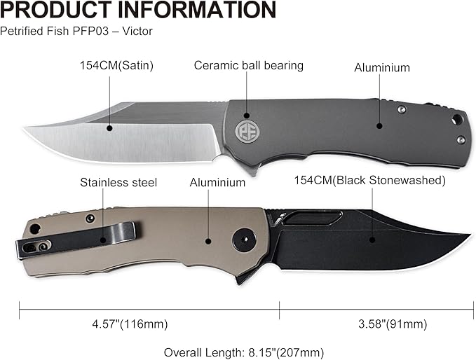 Petrified fish PFP03 Victor,3.58" 154CM Steel Black Stonewashed Blade,4.8oz Aluminium Handle Flipper Liner lock Folding knife (Green - A Stonewashed)