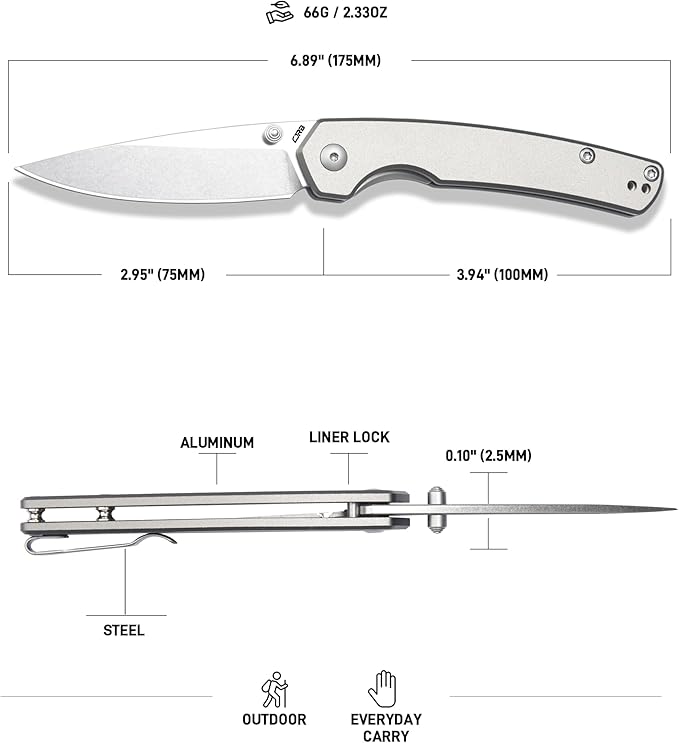 CJRB Kain Pocket Knife, 2.95'' AR-RPM9 Steel Blade Aluminum Handle Small EDC Knife with Pocket Clip for Camping Hiking Survival, Designed by Sanford Owen(J1956)