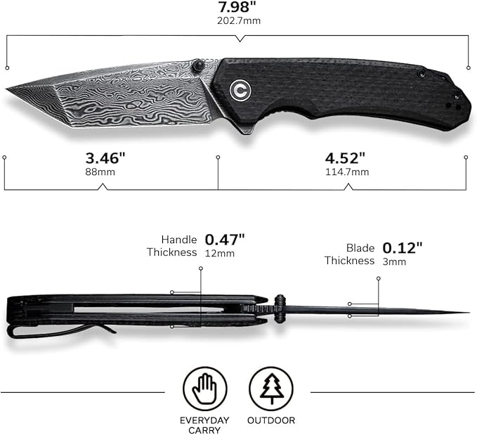 CIVIVI Brazen Pocket Knife,3.5-Inch Tanto Damascus Folding Knife, Micarta Outdoor Camping Hiking Knife with Thumb Studs and Flipper Opener,Unique Tool Gift for EDC Men Women C2023DS-1