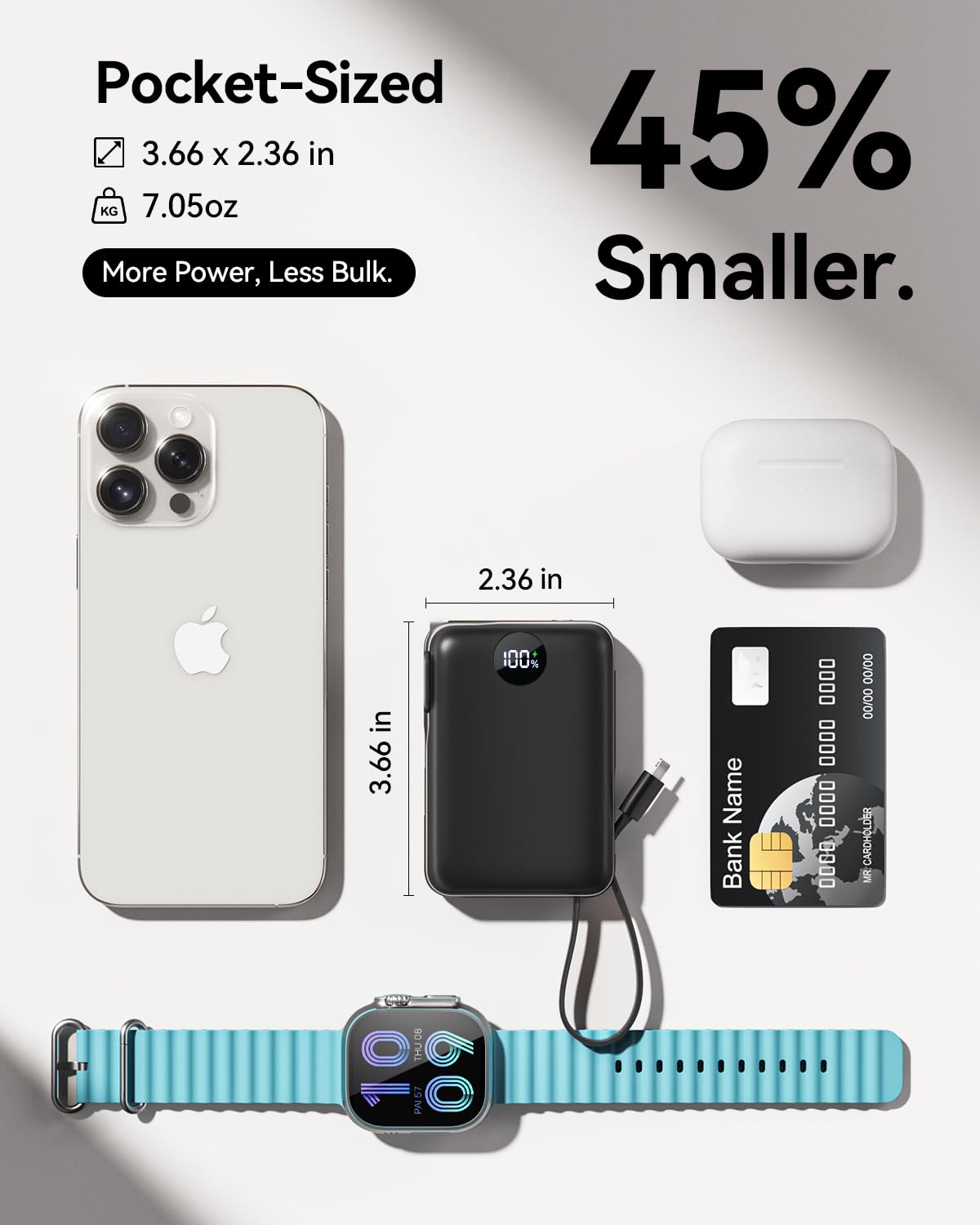 Portable Charger Power Bank 10000mAh, 45% Smaller Built-in Cables & AC Plug