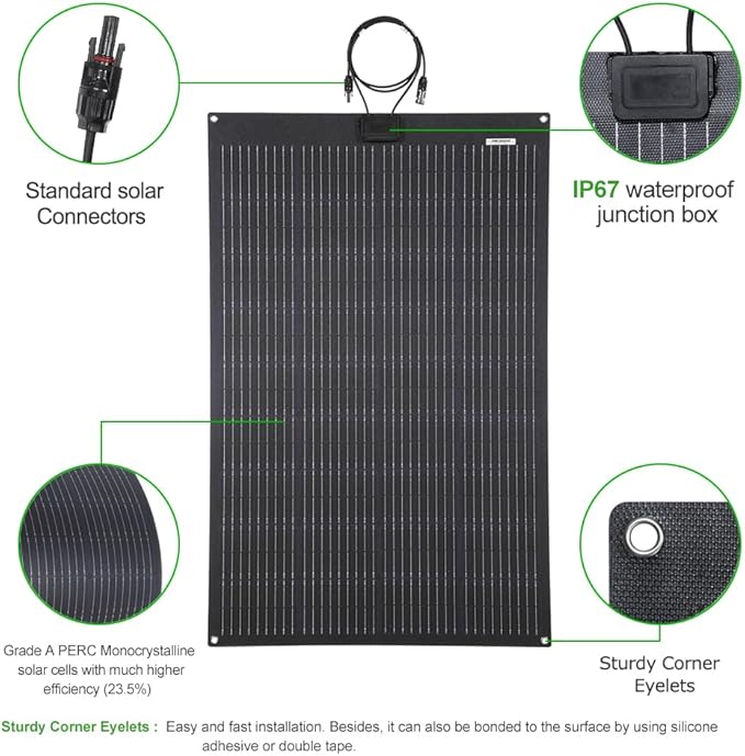 Lensunsolar 150W 12V ETFE Black Flexible Solar Panel, 43.3x28in, PERC 9BB 23.5%+ Efficiency Mono Solar Cells, for Campers, RVs, Boats,Camping, Tent