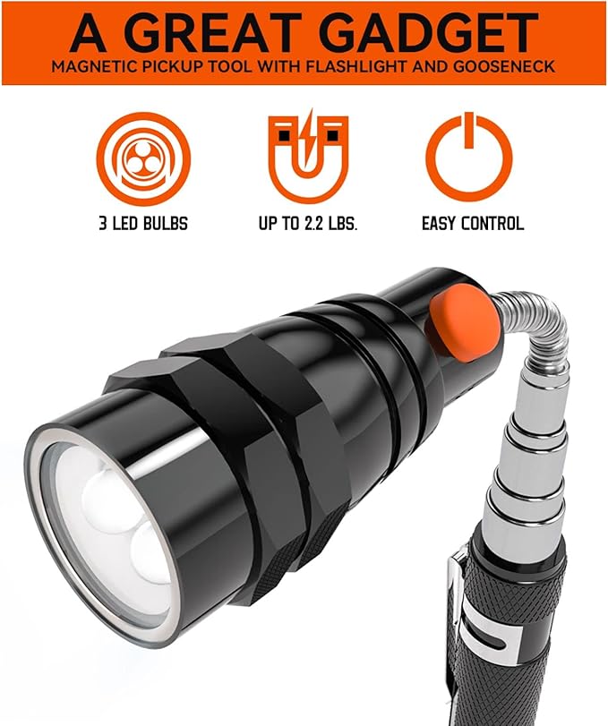 VIBELITE Gifts for Dad, Magnetic Pickup Tool with LED, Telescoping Magnet Flashlight, Birthday Gadgets Gifts for Men, Handyman, Husband, Boyfriend, Him, Father, Dad (Black)