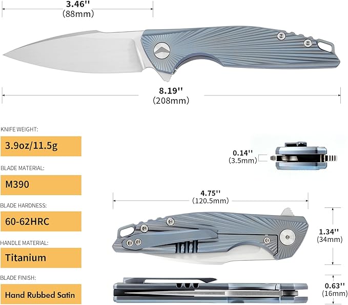 Folding Knife pocket knife EDC Knife With Clip Survival knife Hunting knife - M390 Steel Titanium Handle - Outdoor Hunting Survival Camping knife with Sheath (Blue)
