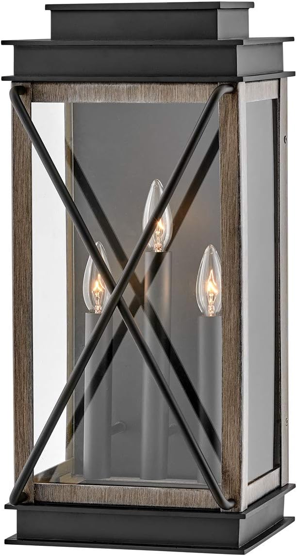 Hinkley Montecito Large Wall Mount Outdoor Lantern - 3-Light, Aluminum, Clear Glass - Black with Driftwood Gray Accents