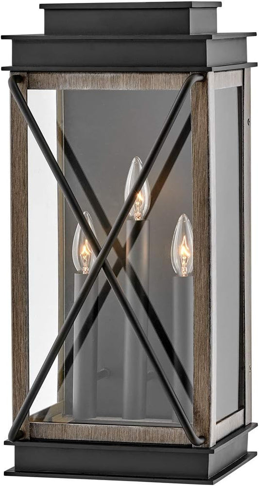 Hinkley Montecito Large Wall Mount Outdoor Lantern - 3-Light, Aluminum, Clear Glass - Black with Driftwood Gray Accents