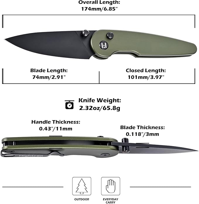 Hightron Birdidi Folding Knife, Small Pocket Knife with 2.91" Drop Point D2 Blade and Aluminum Handle, EDC Folding Knife with Clip for Men Women Camping Hiking Green-B